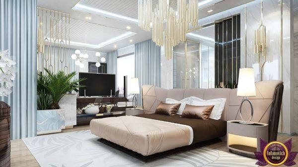 Elegant master bedroom with luxurious bedding and decor