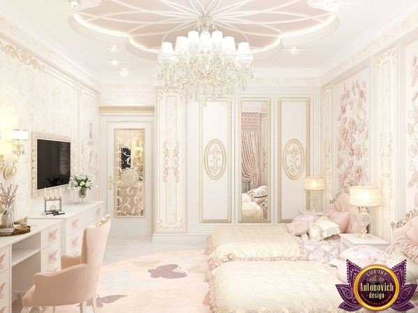 Elegant pink and white girls' bedroom with stylish decor