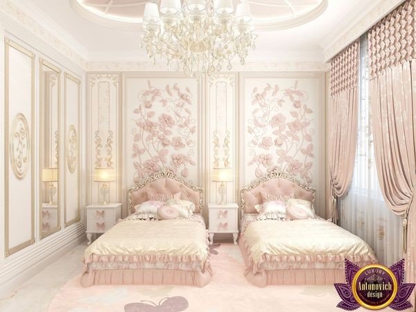 Chic girls' bedroom with a fashionable wallpaper accent