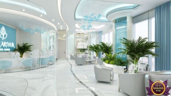 Modern private clinic reception area with elegant furniture