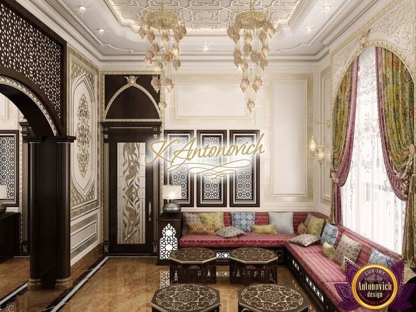 Elegant Arabic living room with rich colors and patterns