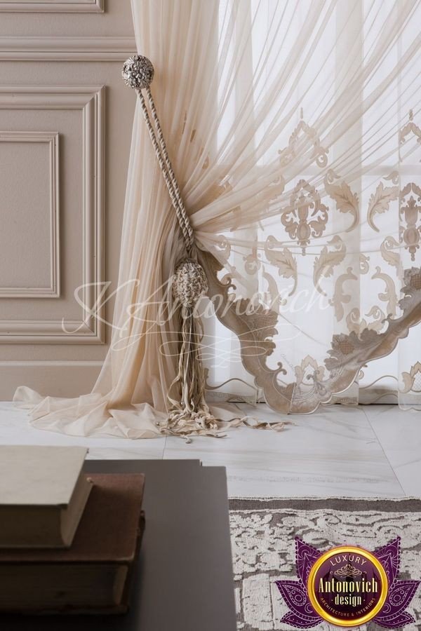 Elegant living room with custom curtains in Dubai