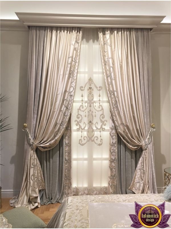 Elegant floor-length bedroom curtains with a subtle pattern