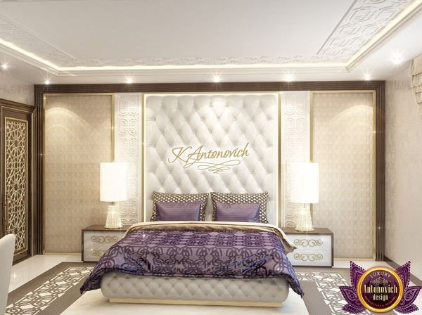 Sophisticated bedroom interior featuring plush bedding