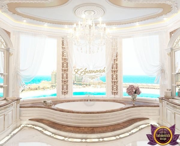 Luxurious bathroom with chandelier and gold accents