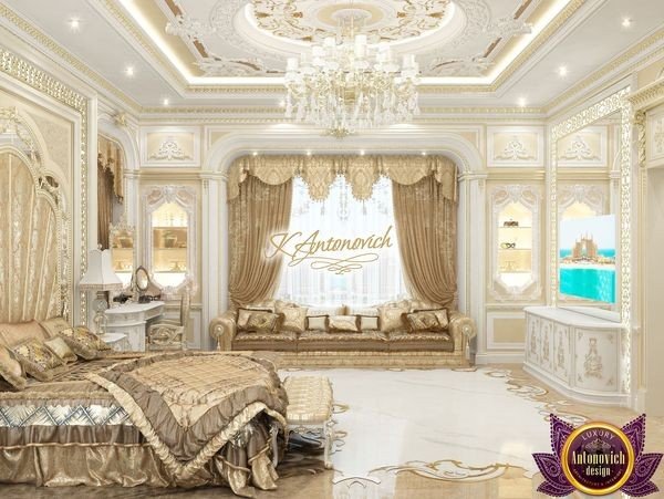 Elegant bedroom with a statement chandelier and plush furnishings