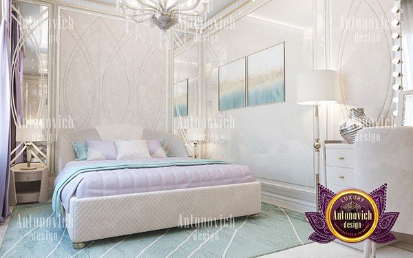 Sophisticated pastel bedroom with a beautiful chandelier and unique artwork