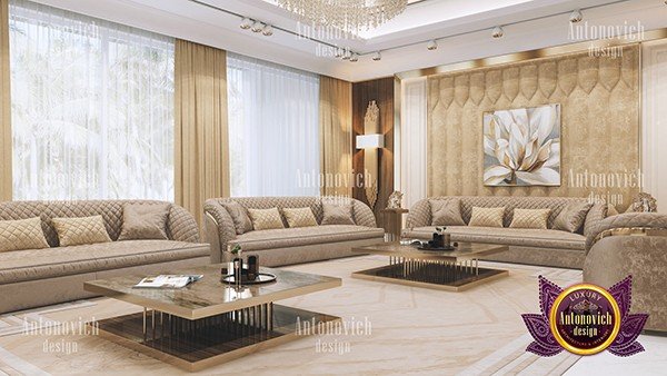 Sophisticated living room design with a statement chandelier and sleek furnishings