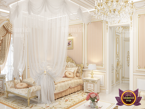 Elegant bedroom with gold accents and plush bedding