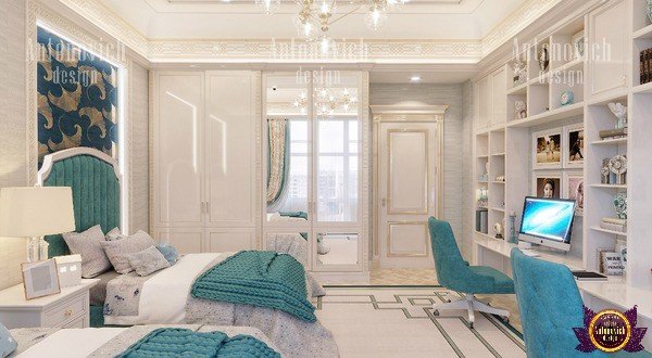 Chic twin bedroom with contrasting color scheme