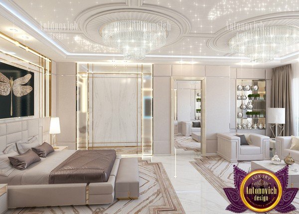 Sleek modern bedroom design featuring a unique chandelier