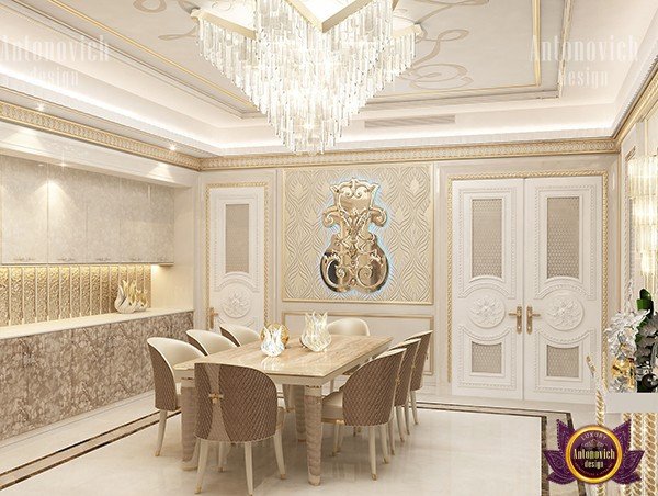 Opulent dining room with crystal chandelier