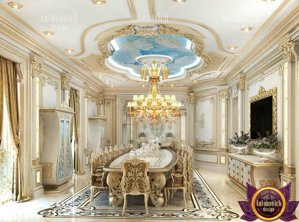 Elegant chandelier illuminating a regal dining space