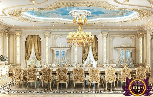 Opulent royal dining room with gold accents