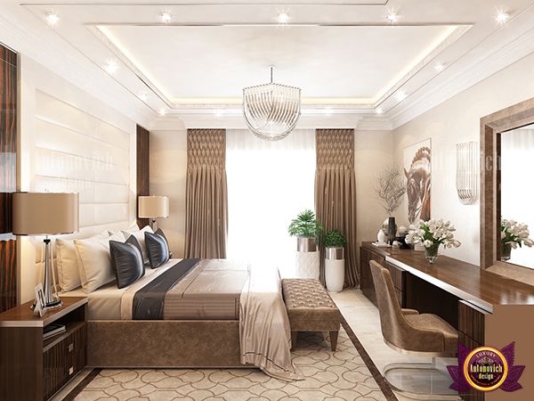 Luxurious brown and cream bedroom with stylish decor
