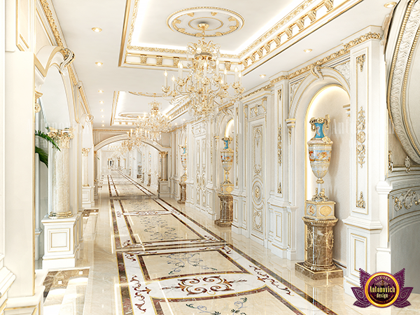 Glamorous hall design with mirrored accents and plush furnishings