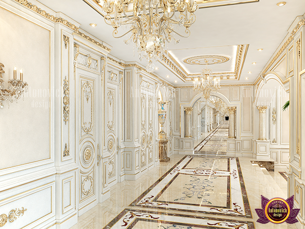 Elegant hallway with marble flooring and grand chandelier