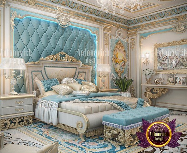 Neoclassical bedroom featuring a stunning chandelier