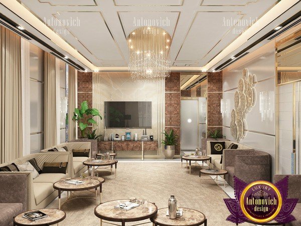 Sophisticated Majlis interior featuring a stunning chandelier and rich textures
