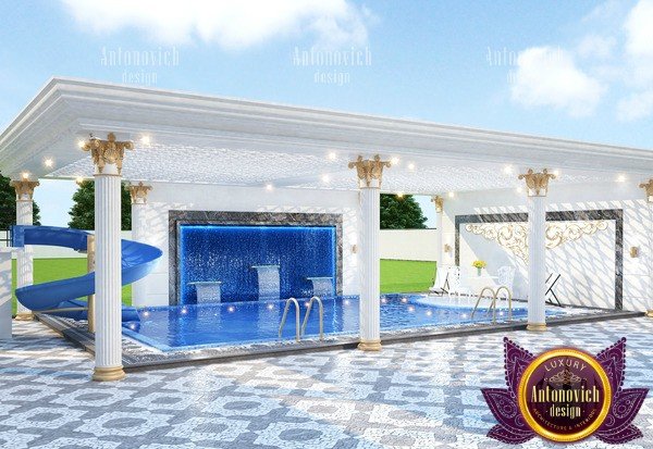 Elegant backyard pool with lush landscaping