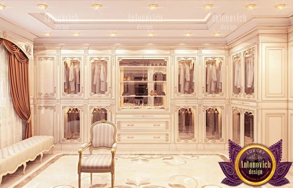 Sophisticated dressing room design with a glamorous chandelier