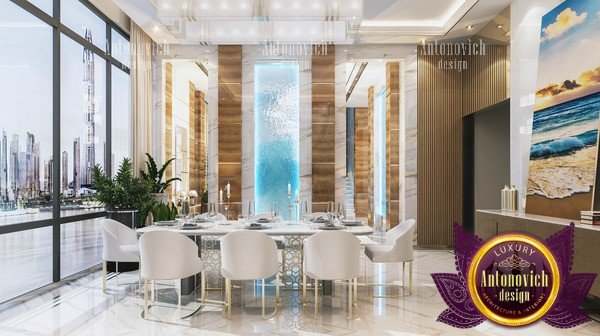 Sleek minimalist dining room with statement lighting