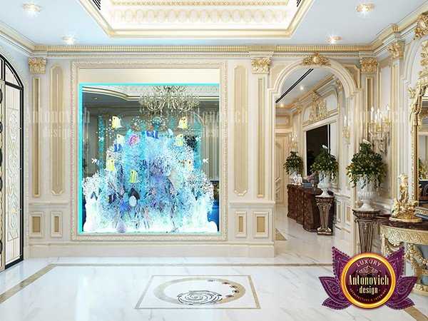 Elegant hallway with statement chandelier and luxurious wallpaper