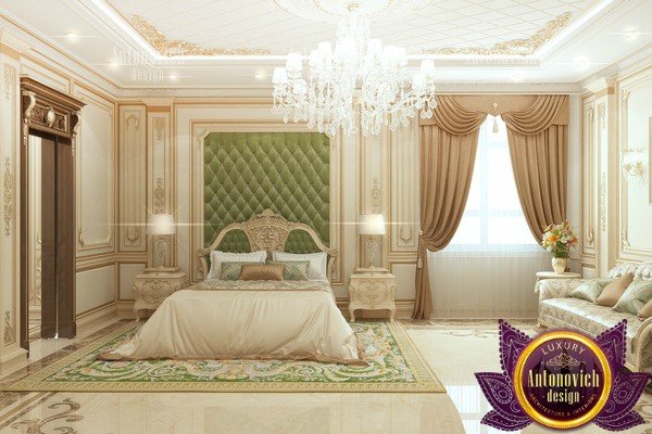 Luxurious classic bedroom with plush bedding and curtains