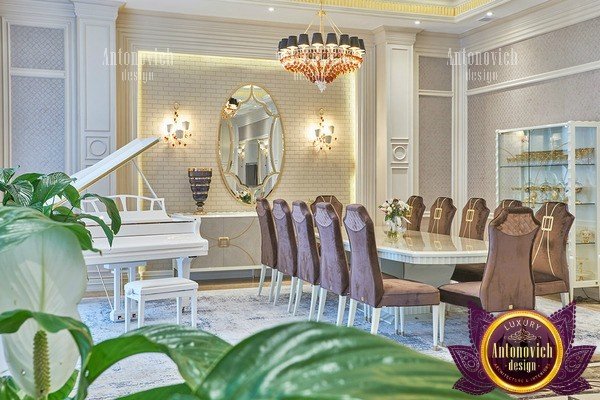 Neoclassical dining room with classic furniture and chandelier