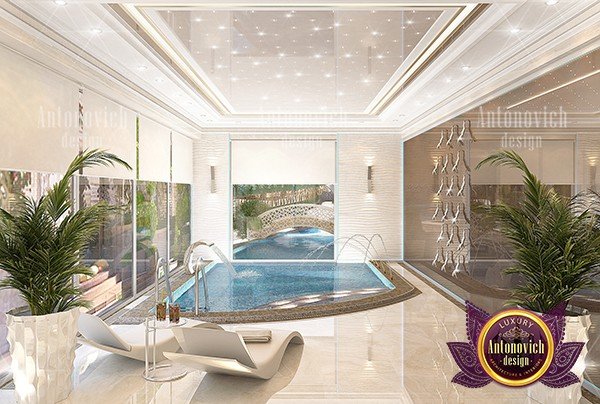 Elegant indoor swimming pool with lounge area