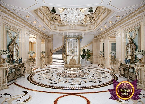 Elegant staircase with intricate railing in a luxurious hall