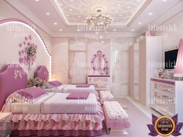 Luxurious girls bedroom with plush seating and unique decor