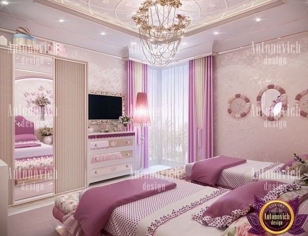 Elegant girls bedroom with canopy bed and chandelier
