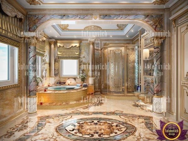 Marble countertops and gold fixtures in a luxurious bathroom