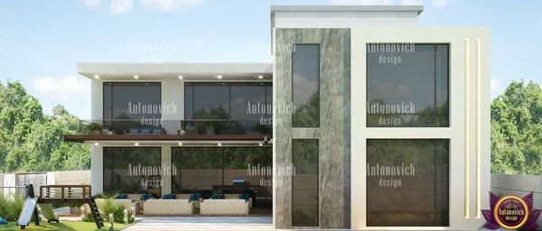 Modern villa exterior with floor-to-ceiling windows