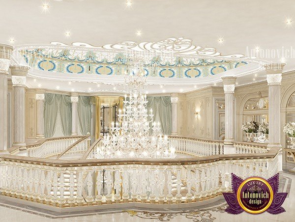 Opulent hallway with marble flooring and grand staircase