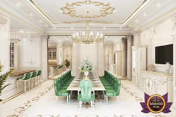 Elegant green dining room with modern chandelier