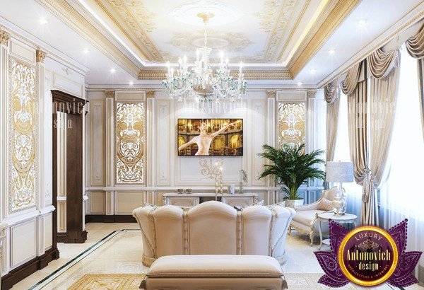 Opulent neoclassical bedroom with gold accents and chandelier