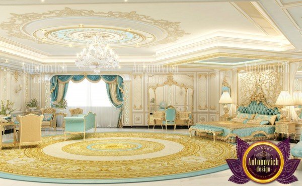 Elegant master bedroom with plush bedding and stylish chandelier