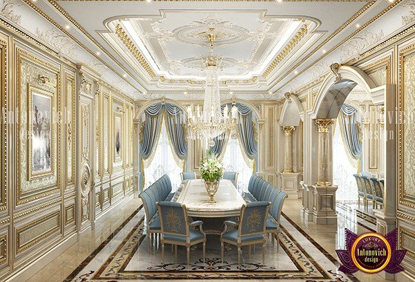 Modern elegant dining room with statement artwork and sleek furniture