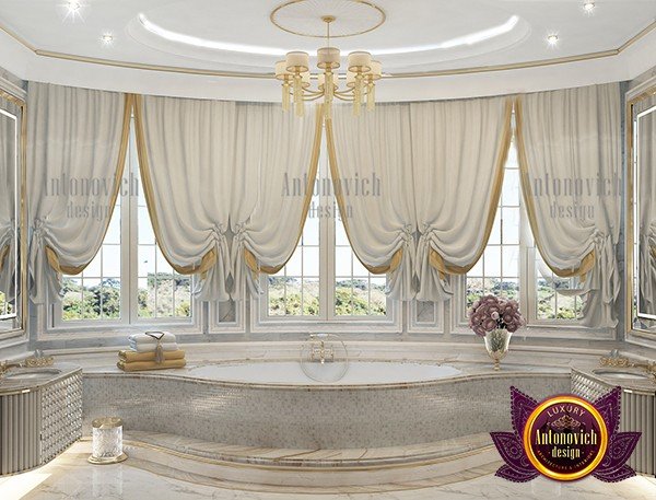Luxurious Dubai bathroom with a custom vanity and statement lighting