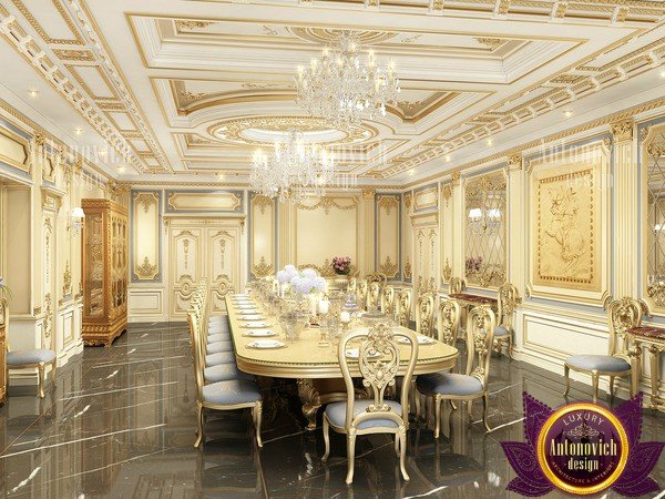 Sophisticated dining room with ornate wall decor