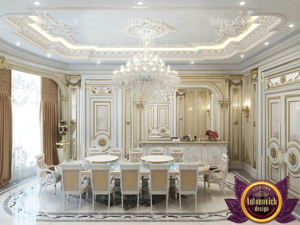 Luxurious white dining room with elegant chandelier