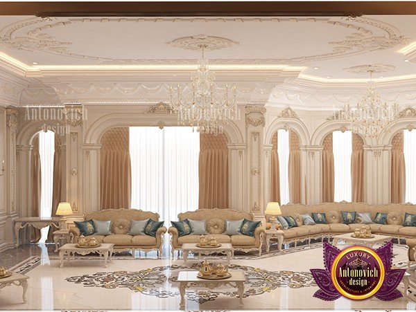 Majlis design featuring intricate wall patterns and chandeliers
