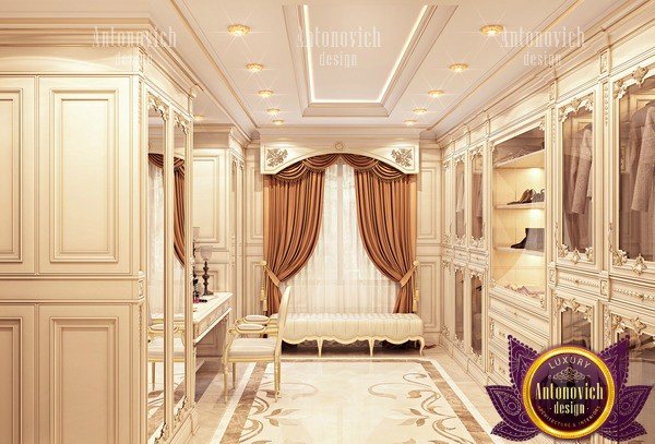 Luxurious light classic dressing room with elegant chandelier