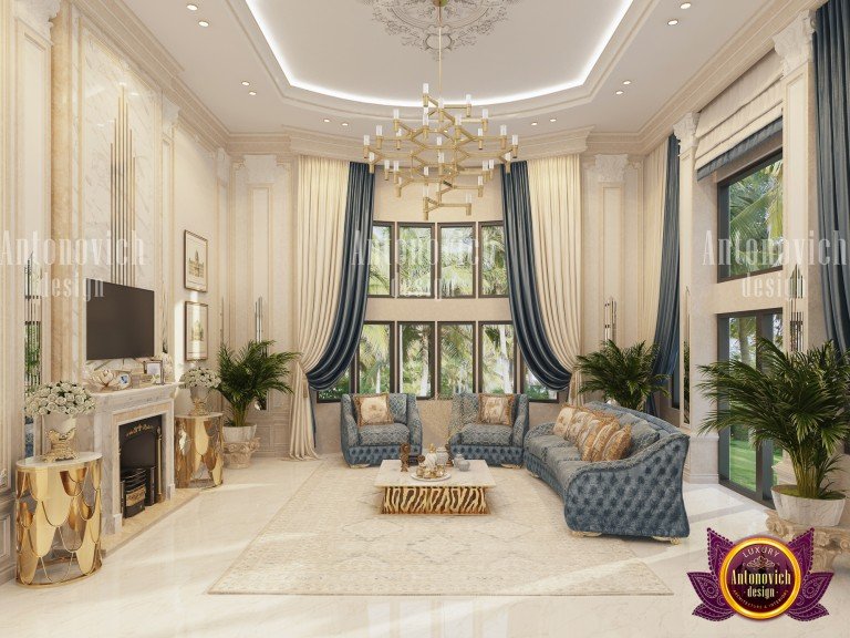 Opulent gold-accented royal living room with chandelier