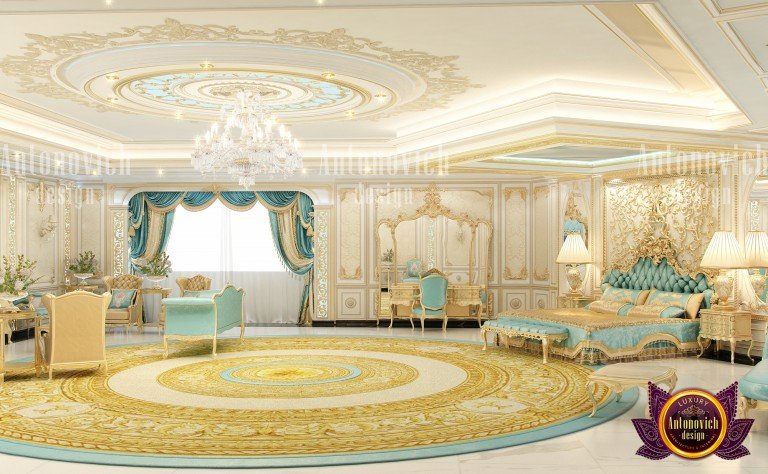 Stunning neoclassical luxe bedroom with a plush bed and elegant chandelier