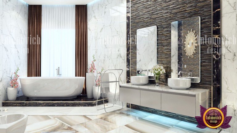 Sophisticated modern glam bathroom with a statement chandelier