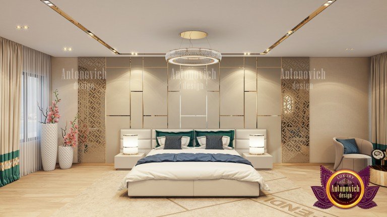 Luxurious modern bedroom with unique wall art