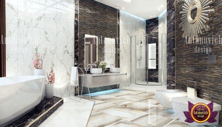Chic marble vanity with gold accents in a modern glam bathroom